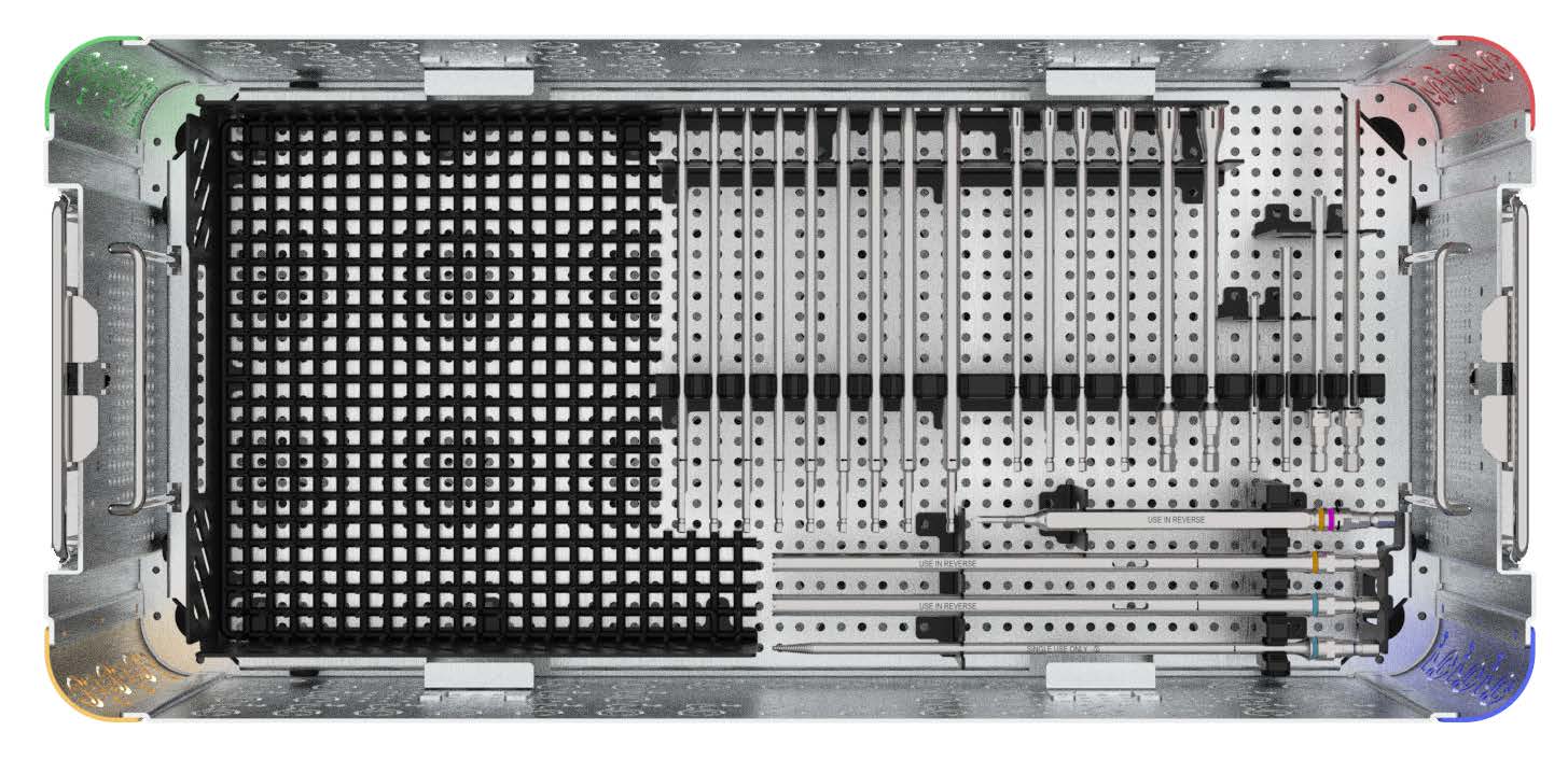 The bottom tray of the Plate and Screw Hardware System.